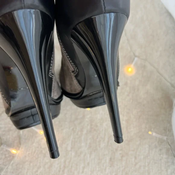 Italian Designer Suede Brown Green Khaki Knee High Fur Boots Platform High Heels - Picture 5 of 14